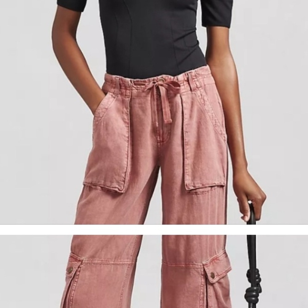 Anthropologie  Beach Cargo Pants Linen Blend Wide-Leg Desert Coral Pink Size 2